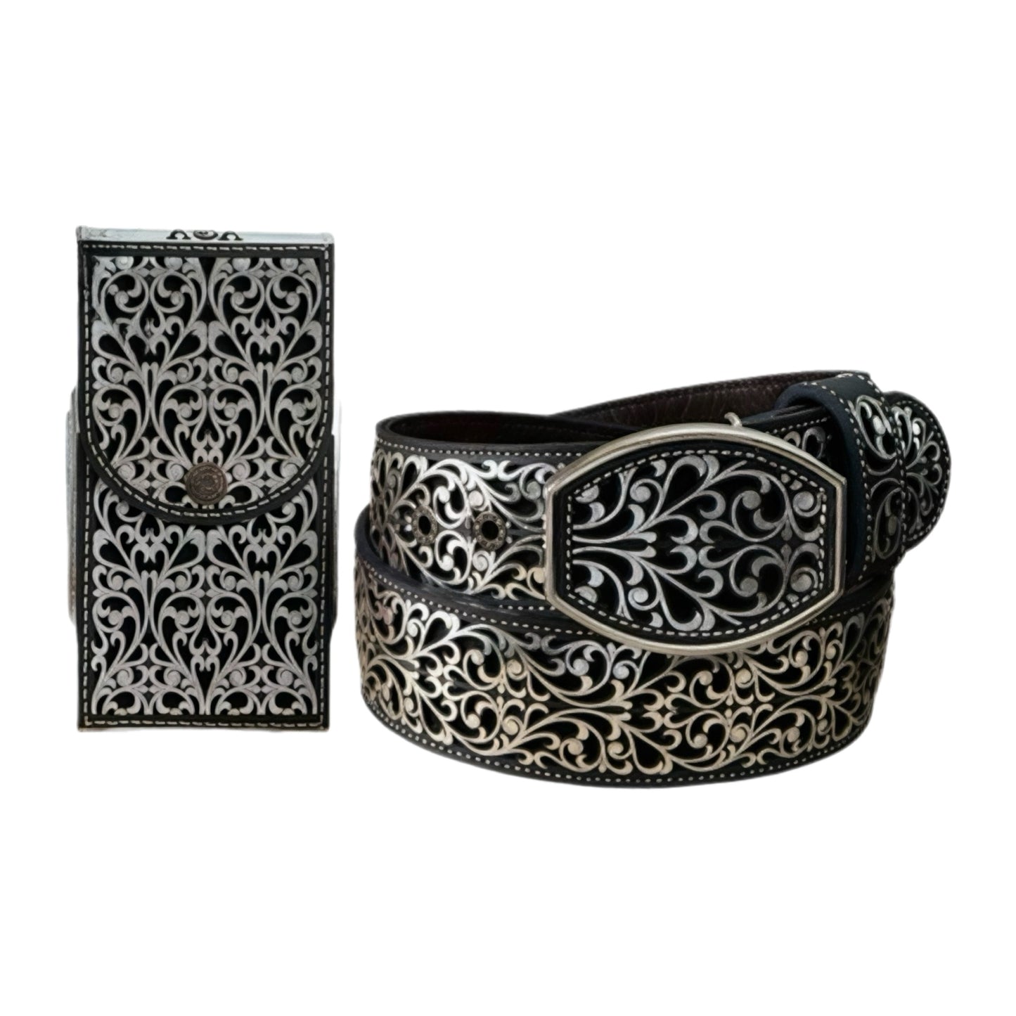 Silver Engraved Leather Belt and Phone Holder Set