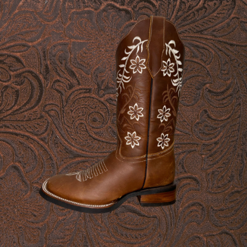 Botas de punta cuadrada con flores para mujer