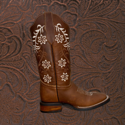 Botas de punta cuadrada con flores para mujer