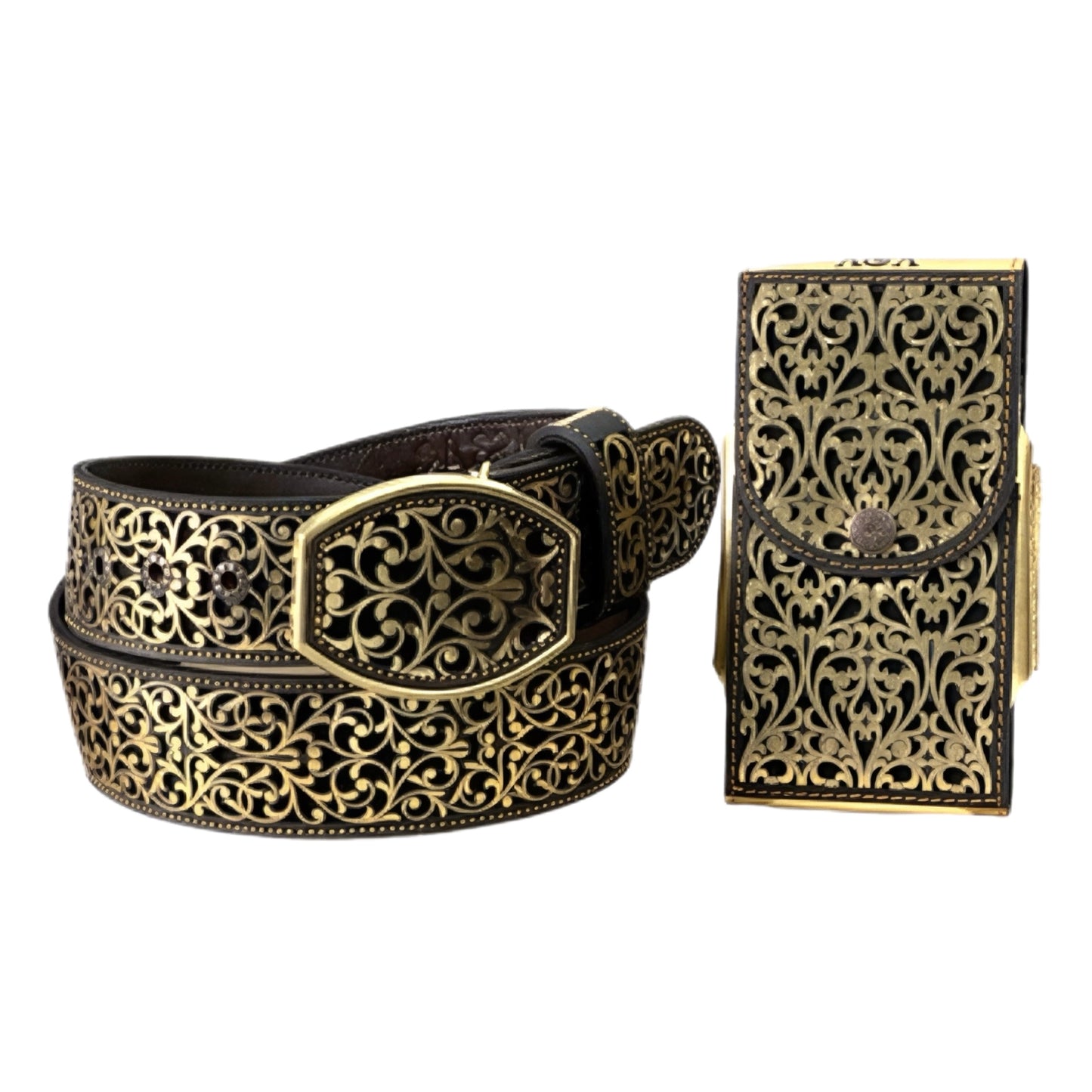 Gold Engraved Leather Belt and Phone Holder Set