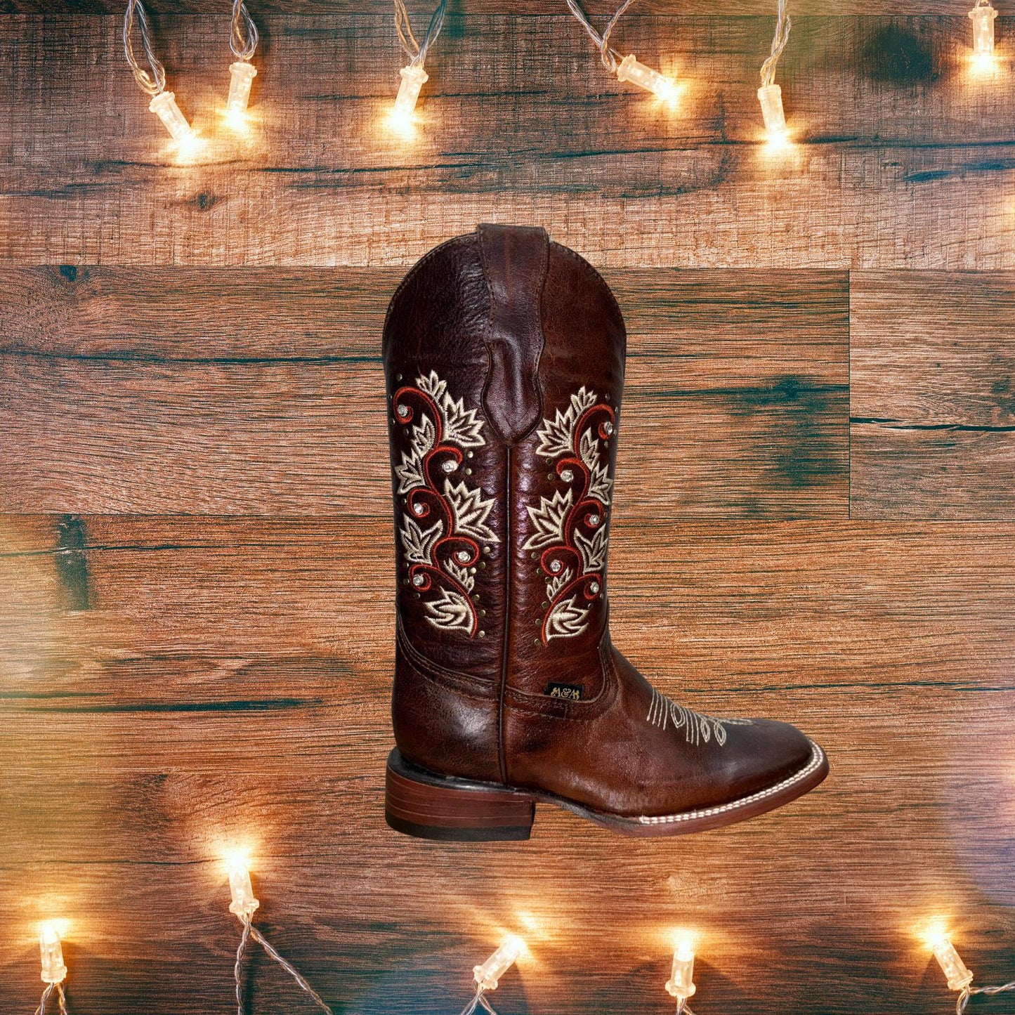 Botas de mujer con punta cuadrada y flores con piedras preciosas