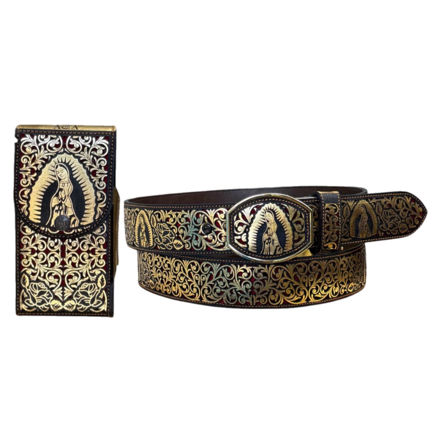 Gold Virgen De Guadalupe Belt and Phone Holder Set