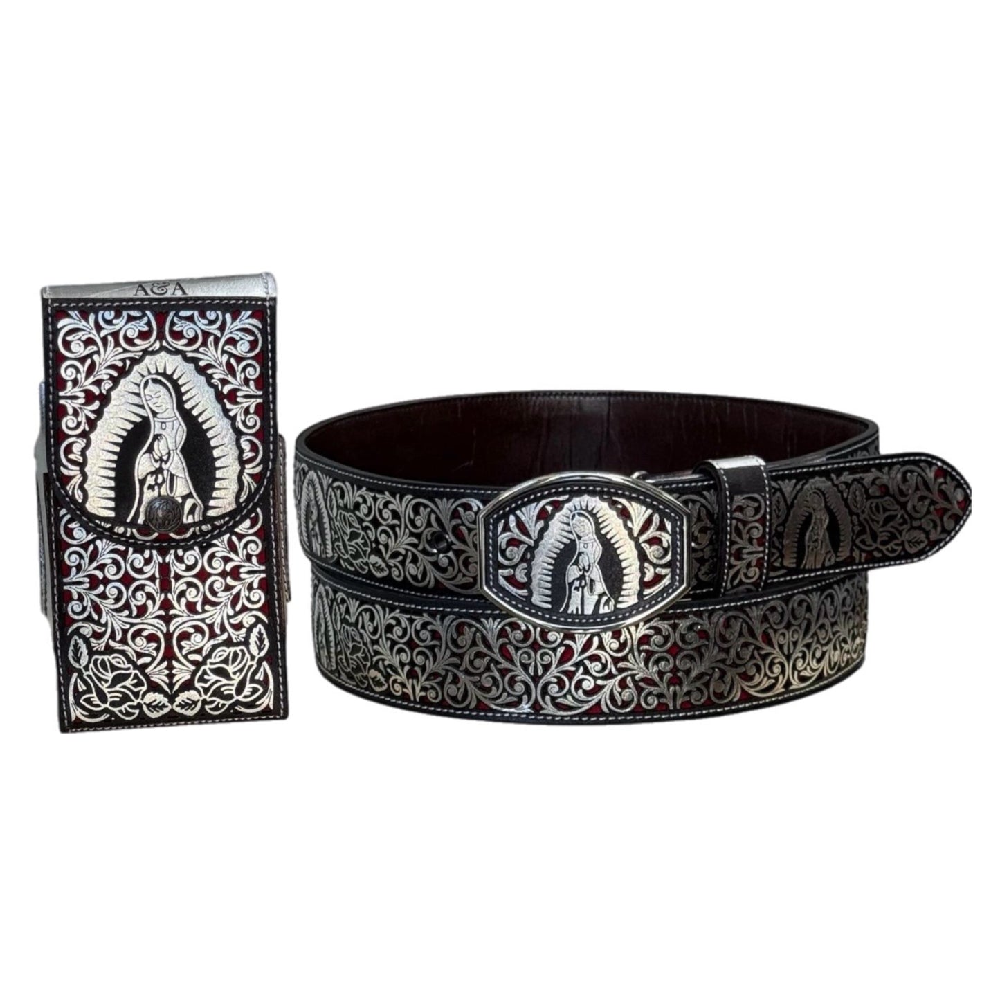 Silver Virgen De Guadalupe Belt and Phone Holder Set