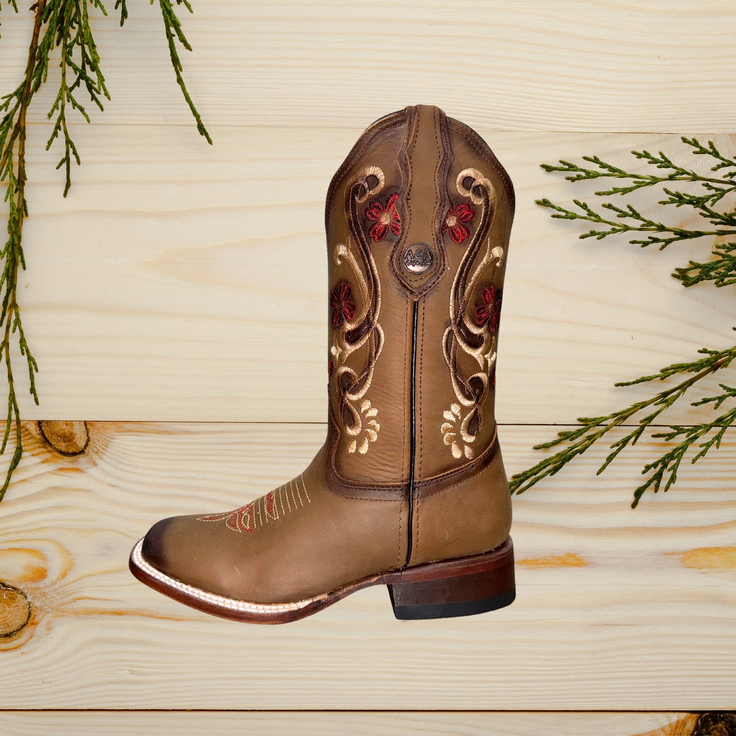 Women’s Red Flower Square Toe Boots Brown