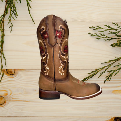 Women’s Red Flower Square Toe Boots Brown