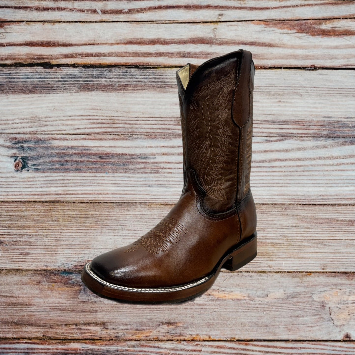 Botas vaqueras occidentales de cuero genuino con punta cuadrada