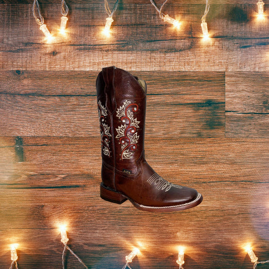 Botas de mujer con punta cuadrada y flores con piedras preciosas