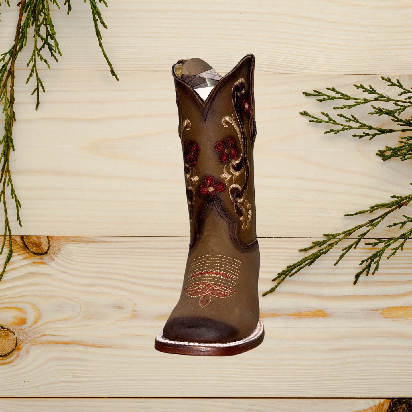 Women’s Red Flower Square Toe Boots Brown