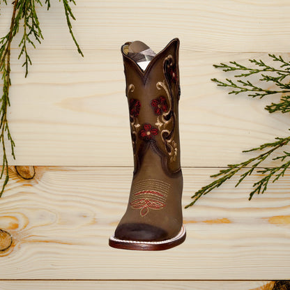 Women’s Red Flower Square Toe Boots Brown