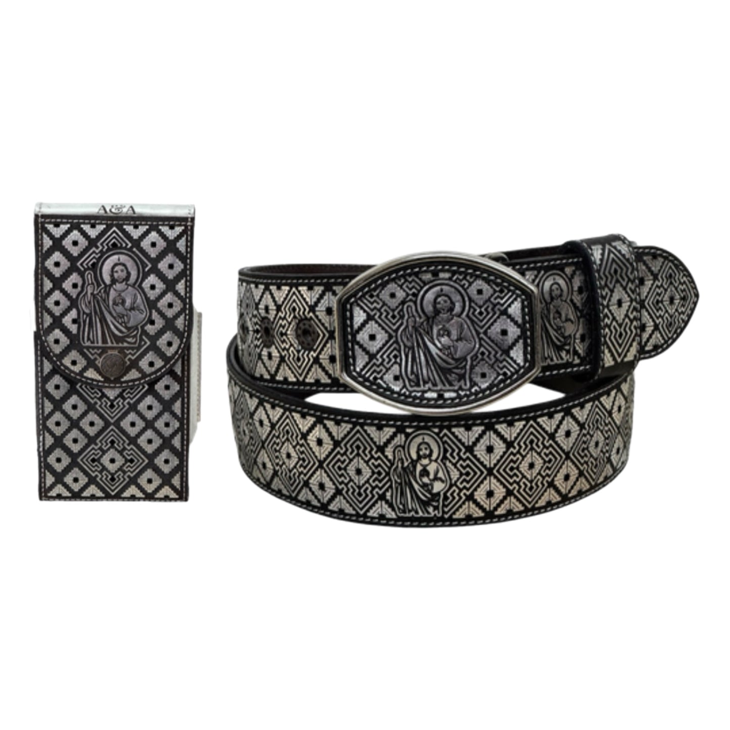 Silver San Judas Belt and Phone Holder Set